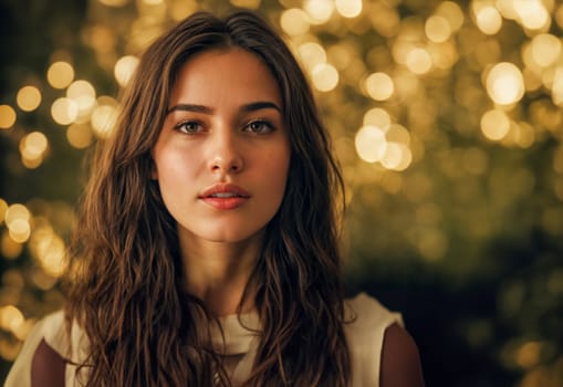 A close-up portrait of a young woman in her 20s with long, wavy hair and a serene expression, set against a beautifully blurred bokeh background.
