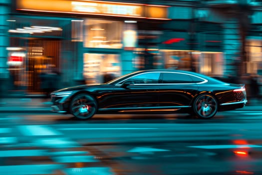 Black car moving in a night city, blured road with lights with car on high speed. Concept rapid rhythm of a city. AI generated