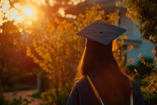 Back view of student, wearing a graduation cap during college or university ceremony. AI generated