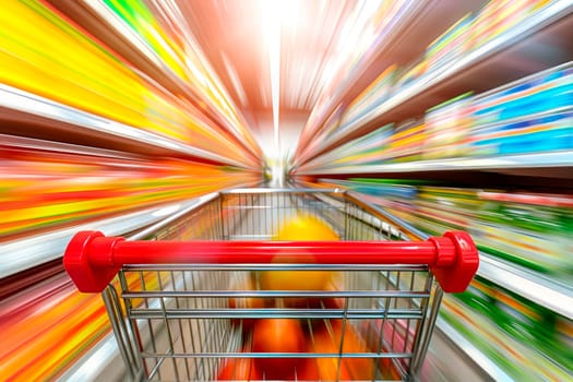 A shopping cart with motion speed blurred supermarket aisle background. AI generated