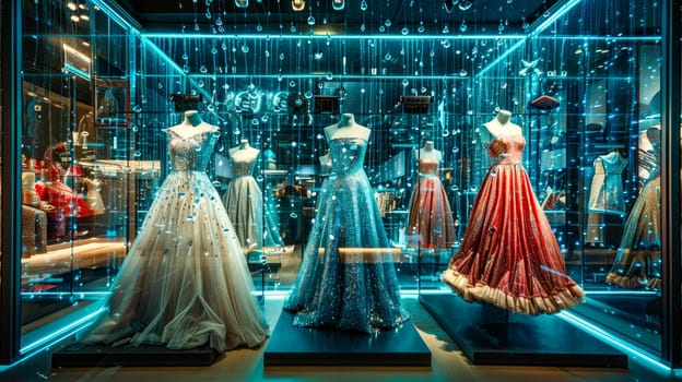 Mannequins with luxury dresses in a shop window showcase of mall market. AI generated