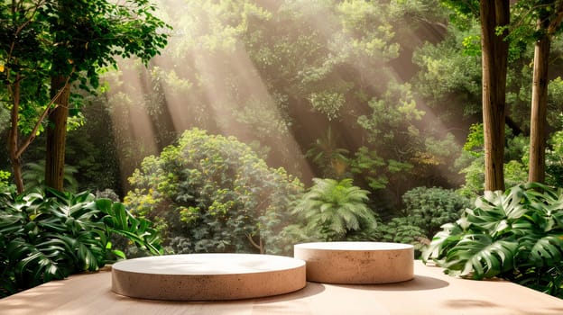 Organic product present natural placement pedestal displays. AI generated