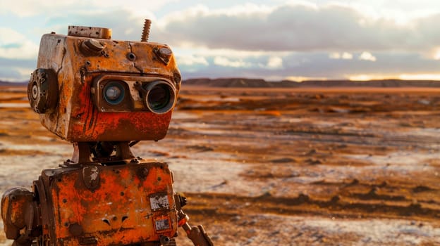 Close-up of  rusty robot made from old metal parts, standing on a desert. AI generated
