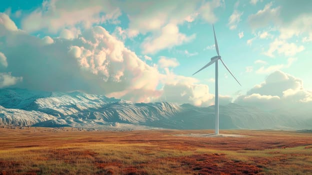 Wind renewable energy. Windmill in the highlands. Production of electric energy. AI generated