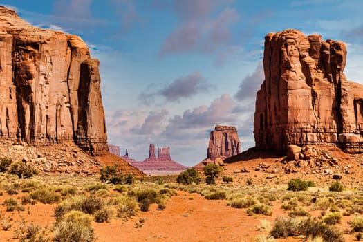 Monument Valley horizon, US, Navajo canyon park. Scenic sky, nature and rock desert.