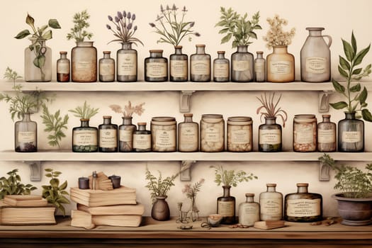 Shelves filled with various jars and bottles of herbs, showcasing a collection of natural remedies and plants in a cozy setting.
