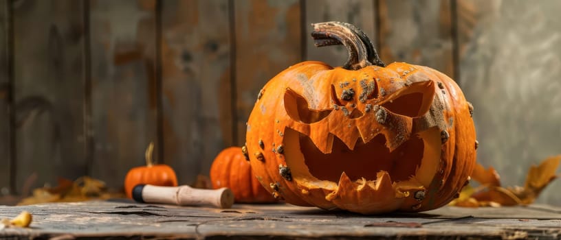 A carved pumpkin with a menacing face sits on a wooden table surrounded by autumn leaves and small pumpkins.