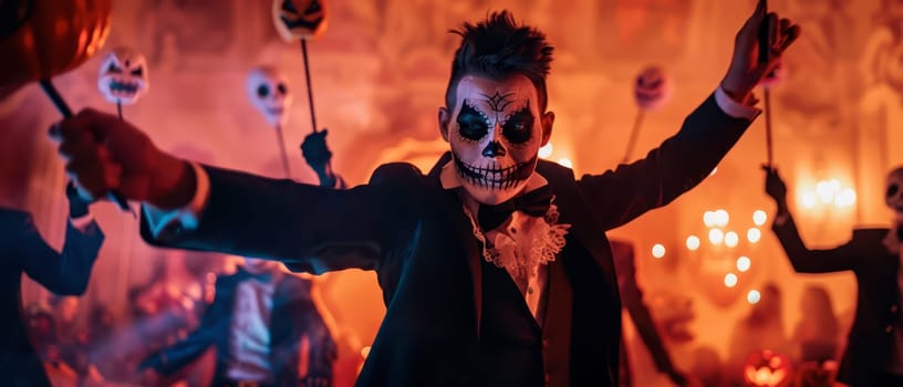 A group of dancers in skeleton costumes performs energetically at a Halloween party in a dimly lit, atmospheric venue.