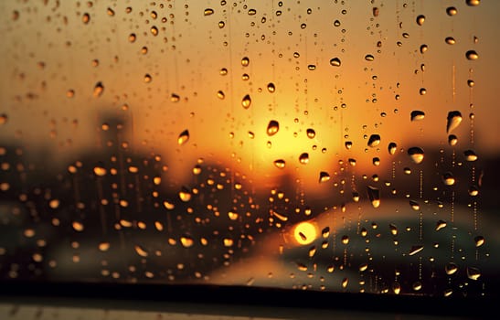 Rain-soaked window frames a beautiful sunset with golden skies and shimmering droplets enhancing the evening atmosphere.