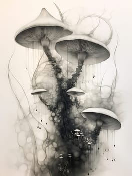 Five large mushrooms emerge from a dark, swirling background, showcasing intricate details of their caps and stems in a monochromatic style.