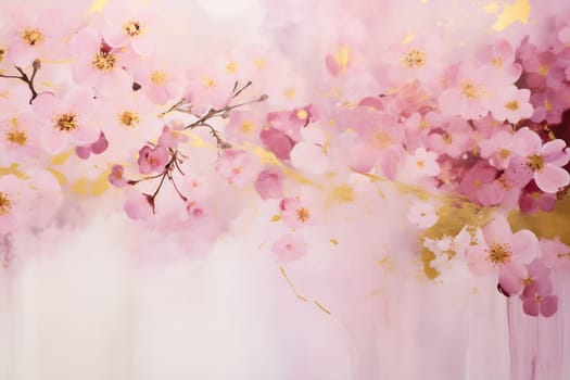 Vibrant cherry blossoms in shades of pink create a serene and uplifting atmosphere, blending softly with golden accents.