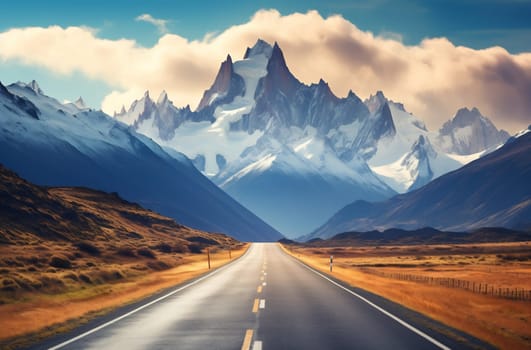 A winding road leads through a stunning landscape, framed by majestic snow-capped mountains and rolling hills under a clear sky.