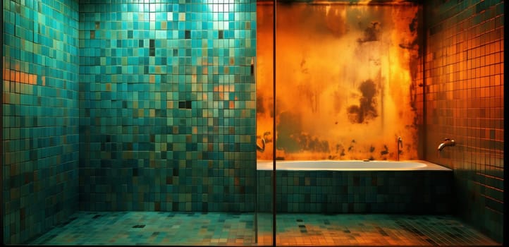 A modern bathroom showcases vibrant turquoise tiles and a striking orange wall.