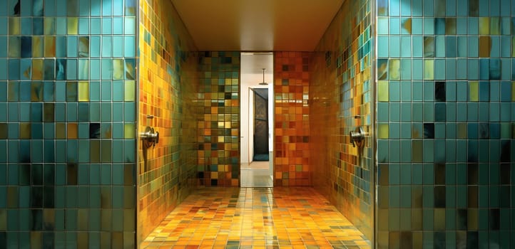 This modern shower area features colorful tiles in warm hues, creating a calming atmosphere for relaxation and rejuvenation.