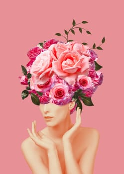 Abstract contemporary art design or portrait of young woman with flowers on face hides her eyes