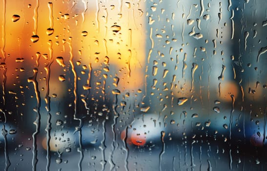 Raindrops cling to a glass surface as warm sunset colors blend with cityscape silhouettes. An urban evening ambiance emerges.