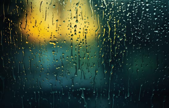 Water droplets cling to a window as the sun sets, creating a blurred background with vibrant colors and a soothing atmosphere.