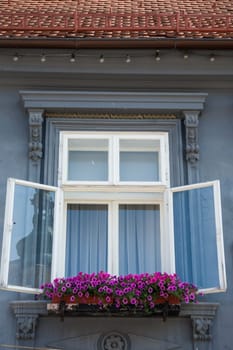 A European-style window with open white shutters, ornate trim, vibrant flowers on it, and a tiled roof.