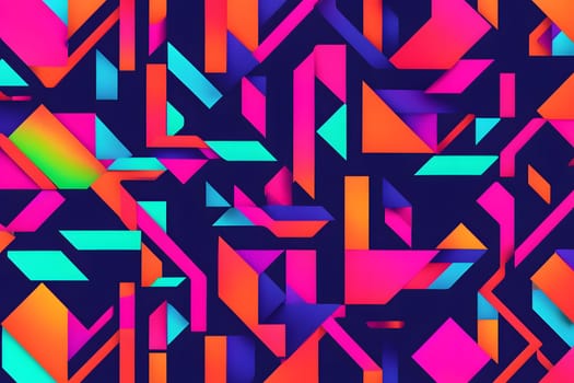 A vibrant composition showcases a blend of geometric shapes, including triangles, squares, and lines, arranged in an abstract manner. Bold colors such as pink, blue, and orange create a striking visual effect against a dark background, evoking a sense of energy and dynamism. This design captures the essence of modern art and digital aesthetics.