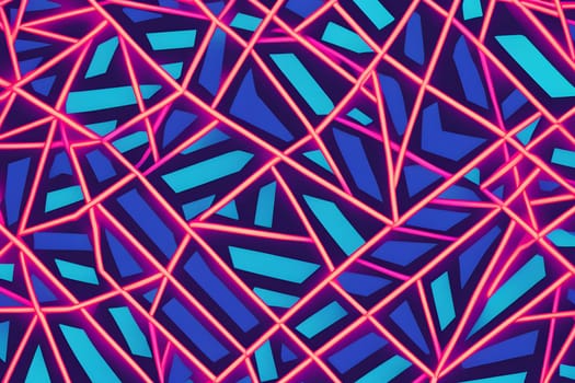 The artwork features a lively array of intersecting triangular shapes in vibrant colors, showcasing a striking contrast between electric blue and bright pink lines against a deep purple backdrop. This dynamic composition creates an energetic and modern visual experience.