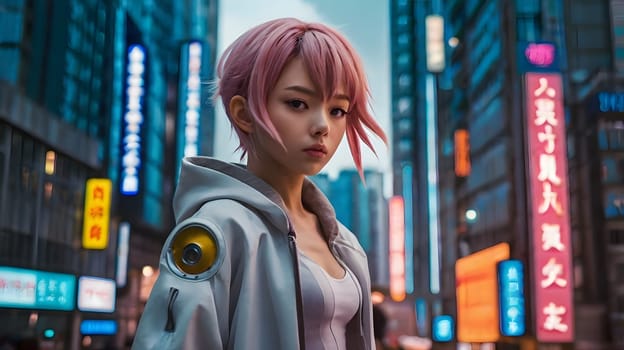A young woman with pink hair stands confidently amidst bright neon signs in a bustling city. The atmosphere is vibrant and urban as the sun sets, casting a cool glow on her fashionable attire.