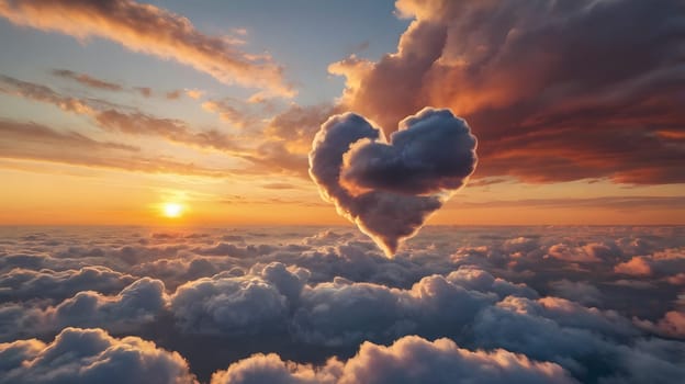 A striking heart-shaped cloud captures the eye during a vibrant sunset. The sun casts warm hues across the sky, illuminating surrounding clouds. This atmospheric phenomenon creates a romantic and serene ambiance as daylight fades.