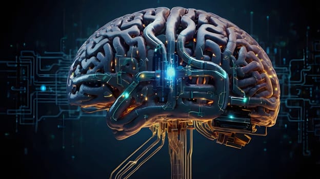 This visual showcases a human brain with intricate circuitry and glowing elements. The brain represents the merging of biology and technology, highlighting advancements in neurotechnology. This artwork emphasizes the evolution of intellect, showcasing both the beauty of the human mind and the potential of digital interfaces.