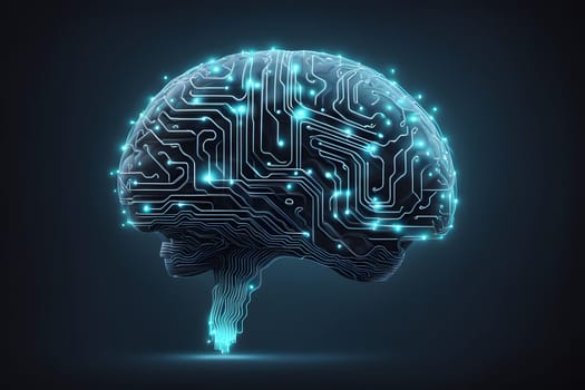 A conceptual representation of a brain designed with intricate circuit patterns and luminous elements. The artwork highlights the fusion of technology and human intellect, showcasing vibrant blue lights and a sleek, modern aesthetic that symbolizes advanced artificial intelligence.