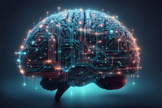 A highly detailed digital illustration depicts a human brain interconnected with glowing circuit patterns, symbolizing the fusion of technology and neuroscience. The vibrant colors enhance the visual appeal, creating a striking contrast against the dark background.