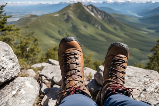 A pair of rugged hiking boots rests atop a rocky outcrop with a breathtaking view of rolling green mountains under a clear blue sky. The scene captures the essence of adventure and nature.