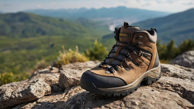 A sturdy hiking boot is positioned on a rocky surface, showcasing its durable design. In the background, a picturesque mountain landscape stretches under a bright blue sky, suggesting an adventurous outdoor setting.