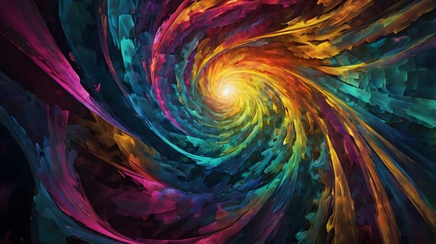 The artwork displays a mesmerizing swirl of colors radiating from a bright center, creating a dynamic and energetic visual effect. The hues blend seamlessly, capturing the viewer's attention with their vividness and depth.
