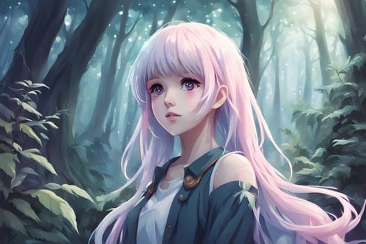 A young girl with long pink hair stands gently in a mystical forest, surrounded by lush greenery and soft beams of light filtering through the trees. Her expression is thoughtful, evoking a sense of wonder and tranquility in this serene setting.
