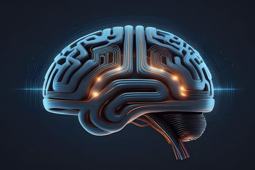 An abstract representation of a brain showcases intricate neural circuitry illuminated with glowing lines. This visualization highlights the complexity of brain functions, suggesting advanced cognitive processes and connections within the mind.