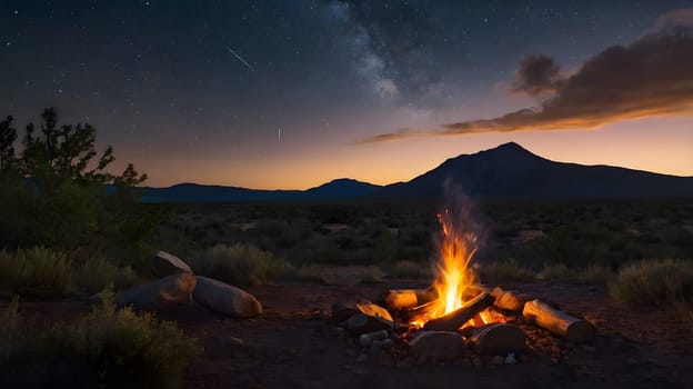 A warm campfire flickers brightly in the foreground as the night sky reveals countless stars above. Majestic mountains outline the horizon, while the soft glow of twilight casts a serene atmosphere over the landscape, inviting tranquility and reflection.