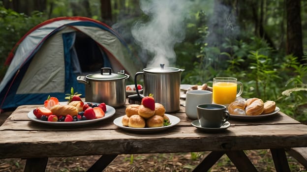 A cozy campsite breakfast features a wooden table laden with fresh fruits, pastries, and steaming drinks. Nearby, a tent is visible, surrounded by lush greenery. The aroma of freshly brewed coffee mingles with the scent of nature, creating a peaceful morning atmosphere.