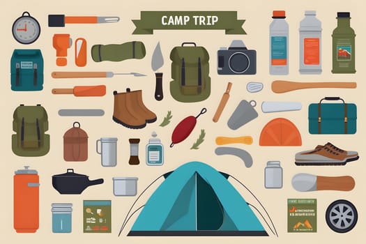 A variety of camping supplies and gear are displayed, including tents, cooking tools, and safety equipment. The assortment includes backpacks, water bottles, and utensils, all essential for a successful outdoor adventure. Ideal for planning and preparation, this layout illustrates necessary items for camping.