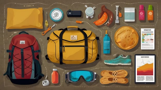 A collection of essential camping and hiking gear is displayed, including backpacks, water bottles, snacks, tools, and personal care items. This setup showcases everything needed for a successful outdoor excursion, emphasizing practical essentials for comfort and safety.