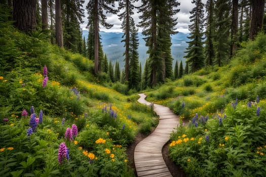 A meandering wooden pathway cuts through a vibrant forest filled with wildflowers in bloom. Tall trees stand majestically on either side, creating a serene atmosphere. The lush greenery and colorful petals reflect the beauty of summertime, inviting exploration and appreciation of nature's splendor.