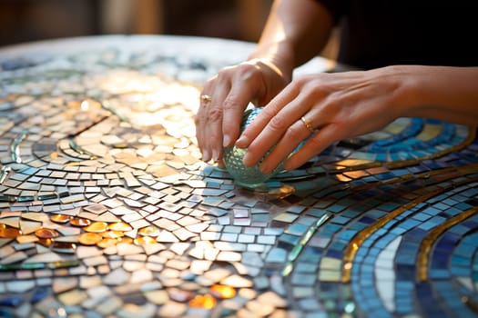 Hands work carefully on a vibrant mosaic table, arranging colorful tiles under warm lighting in an artistic setting.