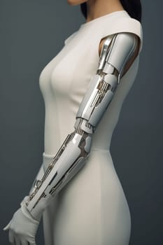 A model presents a sleek robotic arm design while wearing a modern outfit in a neutral setting, emphasizing technology and innovation.