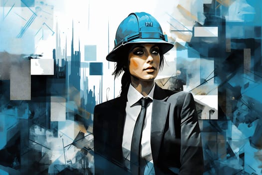 A confident woman stands in a suit with a hard hat, representing strength in the construction industry. The background features abstract designs.