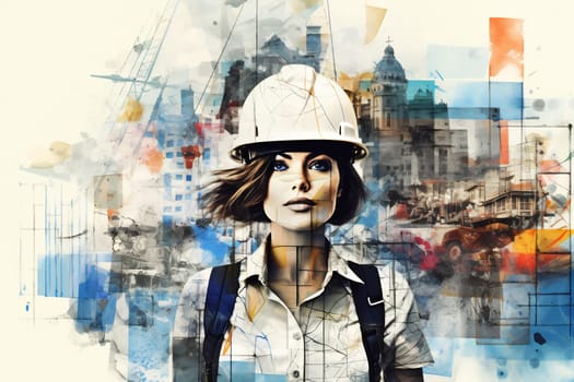 A woman in a hard hat stands confidently at a construction site, surrounded by machinery and vibrant artwork, showcasing her profession.
