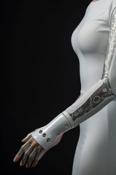 A sleek white garment features a detailed robotic arm design, showcasing advanced technology and artistic patterns against a dark background.
