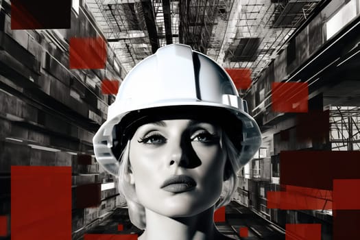A confident woman wearing a hard hat stands in a construction zone with a modern, abstract background, showcasing strength and determination.