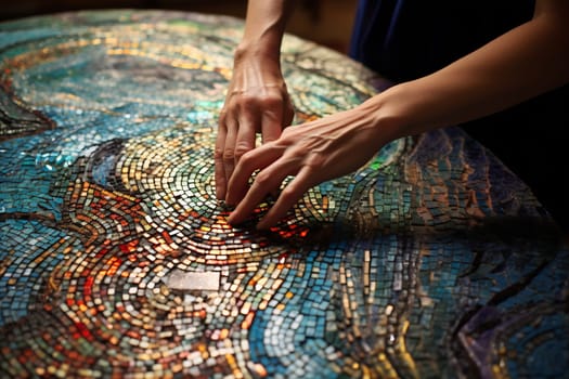 Hands skillfully arrange colorful tiles on a mosaic surface, showcasing artistry and focus in a creative workshop environment.
