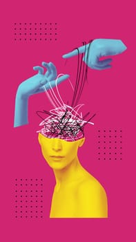 Abstract human brain and human hands, drawn style. Creative idea symbol, art design or collage isolated on pink background. Mental Health concept