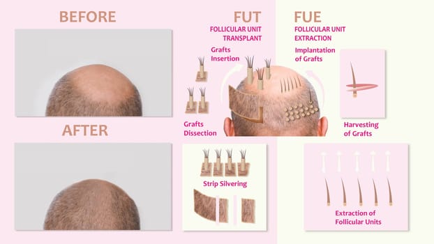 Methods of hair transplantation FUT and FUE fue with transplant as infographic element of illustration. Human alopecia or hair loss problem on adult senior or mature man. Before and after concept