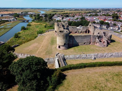 Aerial view of the medieval ruins of Rhuddlan Castle in Denbighshire, North Wales. Dates from 1277.