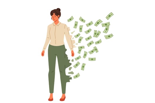 Bankruptcy of business woman falling apart into banknotes is caused by high credit obligations. Upset woman became victim of bankruptcy due to financial crisis and decrease in personal income